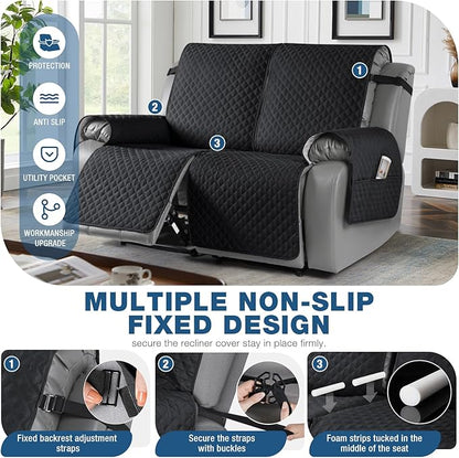 TAOCOCO Waterproof Recliner Loveseat Cover Non-Slip Sofa Slipcover, Pet Couch Cover for Loveseat Recliner with Straps, Washable Reclining Loveseat Cover Furniture Protector (2 Seater, Black)