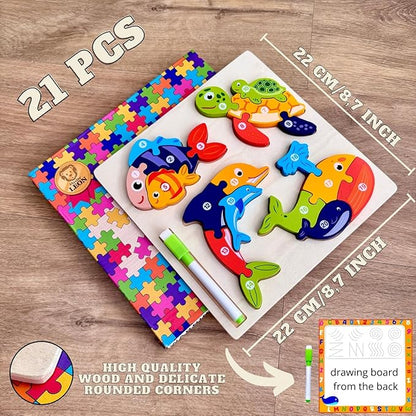 MASTER LEON - Wooden Toddler Puzzles 3-5 Year Old - Montessori Toddler Puzzle - Fine Motor Skills Toy - Animals & Vehicles Learning Games for Ages 3-4-5 - Gift for Christmas