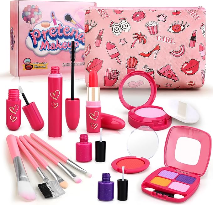 Woumserta Toddler Girls Toys Pretend Makeup Kits - Fake Makeup Set Toys for Kids 3 4 5 6 Year Old, Play Makeup Gift for Little Girls 3-5, Toddler Makeup Kit with Fake Makeup Toy Birthday Gift (Red)