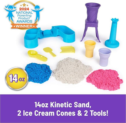 Kinetic Sand, Soft Serve Station with 14oz Play Sand (Blue, Pink & White), 2 Ice Cream Cones & 2 Tools, Sensory Toys for Kids Ages 5 and up