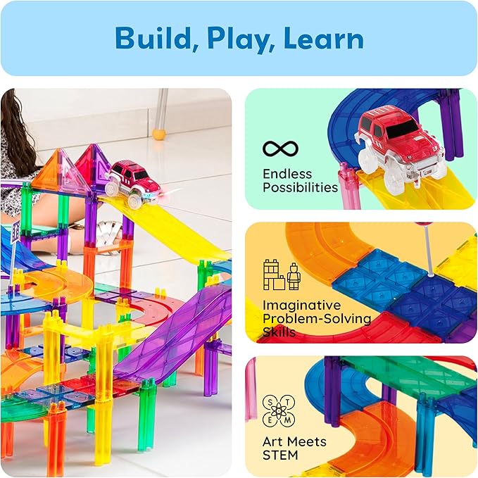 PicassoTiles 80 Piece Race Car Track Building Block Educational Toy Set Magnetic Tiles Magnet DIY Playset 2 Light Up Car STEM Learning Construction Kit Hand-Eye Coordination Fine Motor Skill Training