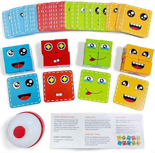 Face Changing Building Blocks Game, Wooden Expression of Face Change Magic Cube Educational Puzzles Toy Fidget Toys Cube Mini Board Game for Kids and Adults with 72 Cards (Large)