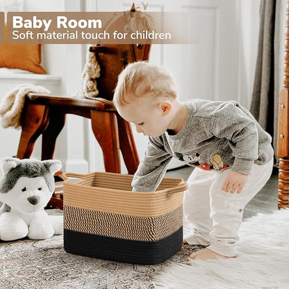 Goodpick Woven Storage Baskets for Organizing, Cotton Rope Organizer for Living Room Bedroom, 13"x10"x9" Rectangle Dog Toy Basket with Handles, Stylish Gift Baskets Empty, Black & Jute