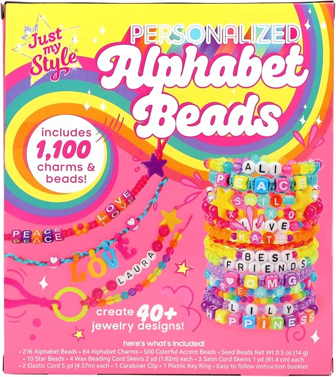 Just My Style ABC Beads by Horizon Group Usa, 1000+ Charms & Beads, Alphabet Charms, Accent Seed Star Wax Beading Cord, Satin Cord Key Ring Included, Bright, Small
