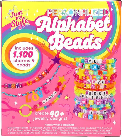 Just My Style ABC Beads by Horizon Group Usa, 1000+ Charms & Beads, Alphabet Charms, Accent Seed Star Wax Beading Cord, Satin Cord Key Ring Included, Bright, Small