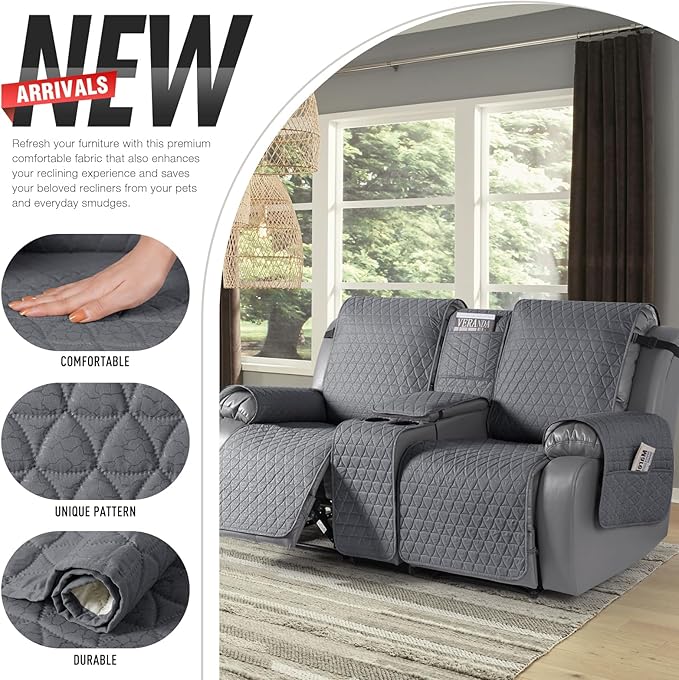 TAOCOCO 100% Waterproof Recliner Cover -Loveseat Recliner Cover with Center Console,Non-Slip Reclining Couch Covers for 2 Seat,with Elastic Straps Pocket for Kids, Dogs (Dark Gray, 2 Seater XL)