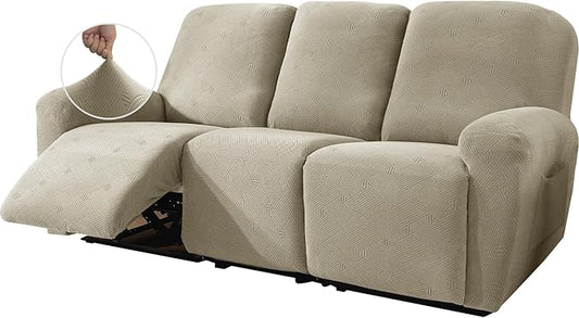 JIVINER Recliner Couch Cover, Jacquard 5 Piece Stretch Sofa Covers for 3 Cushion Reclining Lazy Boy Soft Washable Sofa Slipcovers Protector with Pockets (Recliner Sofa, Khaki)