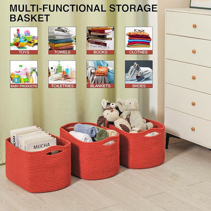 ICERZCZ Storage Baskets for Organizing, Storage Basket for Shelves, Toy Towel Basket for Bathroom Nursery, Woven Cotton Rope Baskets for Decor, 15"x11"x9.5", 3 Packs, Brick Red