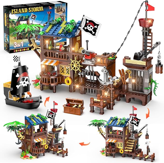 HOGOKIDS Pirate Ship House Building Set with LED Light - 3 Style Modes Pirate Wharf Supply Center Building Block Set, 781PCS STEM Bricks Kit for Kids Girls Boys Ages 6-12+ Birthday Gifts