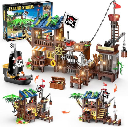 HOGOKIDS Pirate Ship House Building Set with LED Light - 3 Style Modes Pirate Wharf Supply Center Building Block Set, 781PCS STEM Bricks Kit for Kids Girls Boys Ages 6-12+ Birthday Gifts