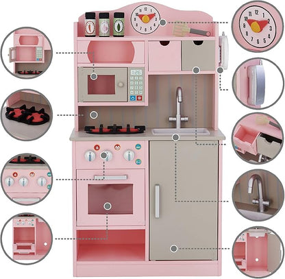 Teamson Kids Little Chef Florence Classic Interactive Wooden Play Kitchen with Accessories and Storage Space for Easy Clean Up, Pink with Gray Accents