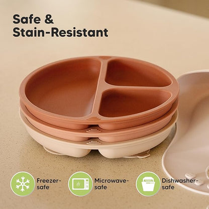 KeaBabies Suction Plates for Baby, Toddler - 3-Pack 100% Silicone Toddler Plates, Divided Baby Plates with Suction, Silicone Plates for Baby, Kids, BPA-Free, Microwave, Dishwasher Safe (Roseate)