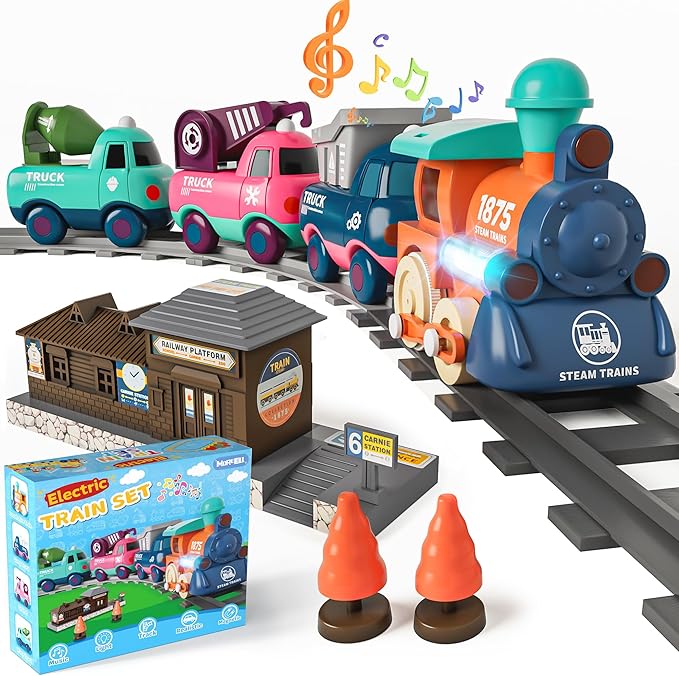 Electric Train Set for Toddlers, Kids Train Set w/Music, Lights & Train Tracks - First Choo Choo Train for Toddlers, Magnetic Train Toys for Toddlers, Birthday Gifts for Boys Girls