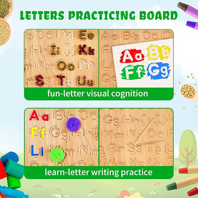 Montessori Wooden Alphabet Tracing Board - Educational Toy for Kids - Fine Motor Skills Development - Double-Sided Writing Practice - Ideal Gift for Preschool 3-5 Years Old.