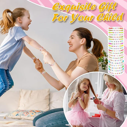60 pcs Colorful Kids Friendship Bracelet Sets, Stackable Elastic Cute Beaded Bracelets Princess Pretend Play Bracelet Preppy Bracelets Bulk Set for Women Gift