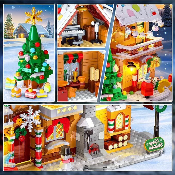 3 Style Christmas Gingerbread House Building Set with LED Light - 2024 Snowscape Village House Building Block Toy with Santa Claus Xmas Tree Train Gifts for Adults Kids Girls Boys Ages 8+ (1397 PCS)