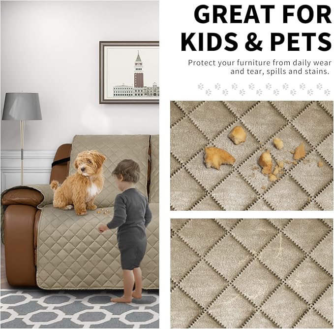 Easy-Going Oversized Recliner Sofa Cover, Reversible Couch Cover for 3 Seat Recliner, Split Sofa Cover for Each Seat with Elastic Straps for Kids, Dogs, Pets (3 Seater, Beige/Beige)