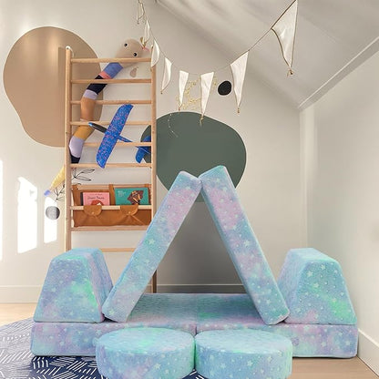 MeMoreCool Modular Glow Sofa for Kids, Colorful Star 8-Piece Convertible Foam Toddler Couch Play Set for Playroom and Children