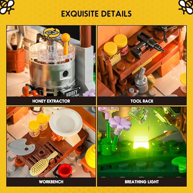 FUNWHOLE Bee-Farm Lighting Building-Bricks Set - Farm Bee Cottage Honey Workshop Collection LED Light Building Set 1274 Pcs for Adults and Teen