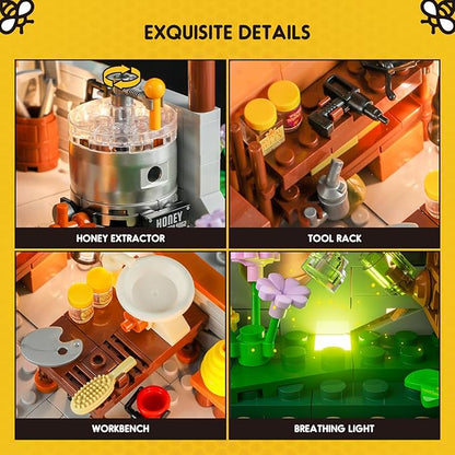 FUNWHOLE Bee-Farm Lighting Building-Bricks Set - Farm Bee Cottage Honey Workshop Collection LED Light Building Set 1274 Pcs for Adults and Teen