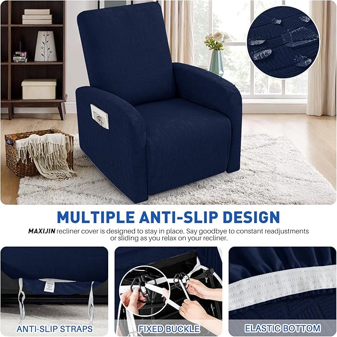 MAXIJIN Waterproof Small Recliner Chair Covers 3 Pieces Recliner Cover That Stay in Place, Lazy Boy Recliner Slipcovers with Pockets Reclining Protector for Pet (Small Recliner, Navy Blue)