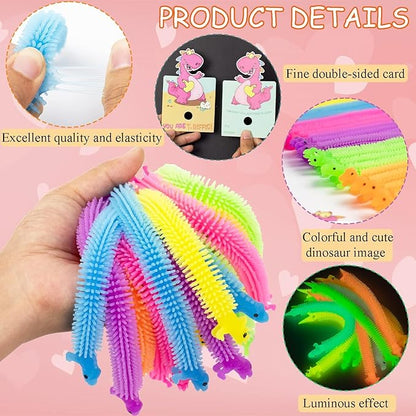 Valentines Day Cards for Kids- 24Pcs Dinosaur Valentines Cards with Glow in Dark Dinosaur Stretchy String Sensory Fidget Toys for Kids Valentines Party Favors Classroom Exchange Gifts School Supplies