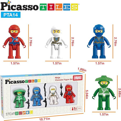 Picasso Toys Magnetic Figures 4 Piece Ninja Character Action Building Block Tiles Toddler Toy Set Magnet Expansion Pack Ages 3 and up Educational STEM Learning Kit Pretend Playset Construction PTA14