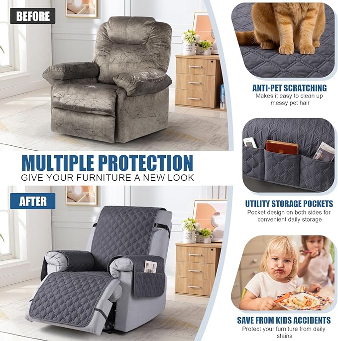 TAOCOCO 100% Waterproof Recliner Covers, Recliner Sofa Covers with Leg Straps, Reversible Recliner Couch Cover for Reclining Chair, Washable Couch Protector for Pets Kids(1 Seater 22", Charcoal Gray)