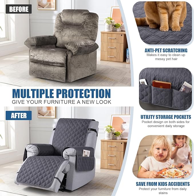 TAOCOCO 100% Waterproof Recliner Covers, Recliner Sofa Covers with Leg Straps, Reversible Recliner Couch Cover for Reclining Chair, Washable Couch Protector for Pets Kids(1 Seater 28", Dark Gray)