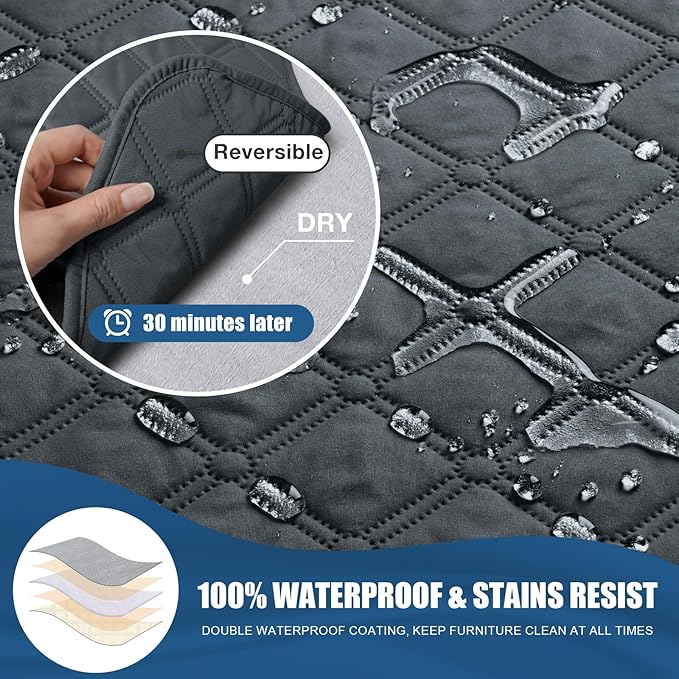 TAOCOCO 100% Waterproof Recliner Covers, Recliner Sofa Covers with Leg Straps, Reversible Recliner Couch Cover for Reclining Chair, Washable Couch Protector for Pets Kids(2 Seater, Dark Gray)