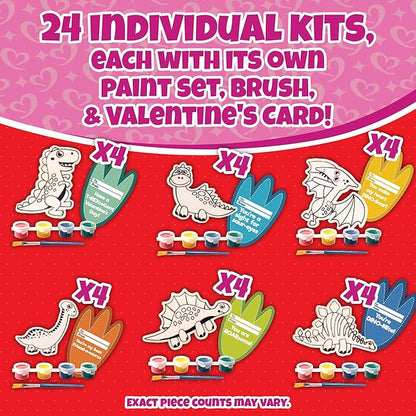 Set of 24 Valentines Cards for Kids Classroom - Valentine's Day Dinosaur Wood Painting Kits for Kids School - Each Valentines Gift Includes Complete Craft Kit & Card for Boys Girls Classroom Exchange