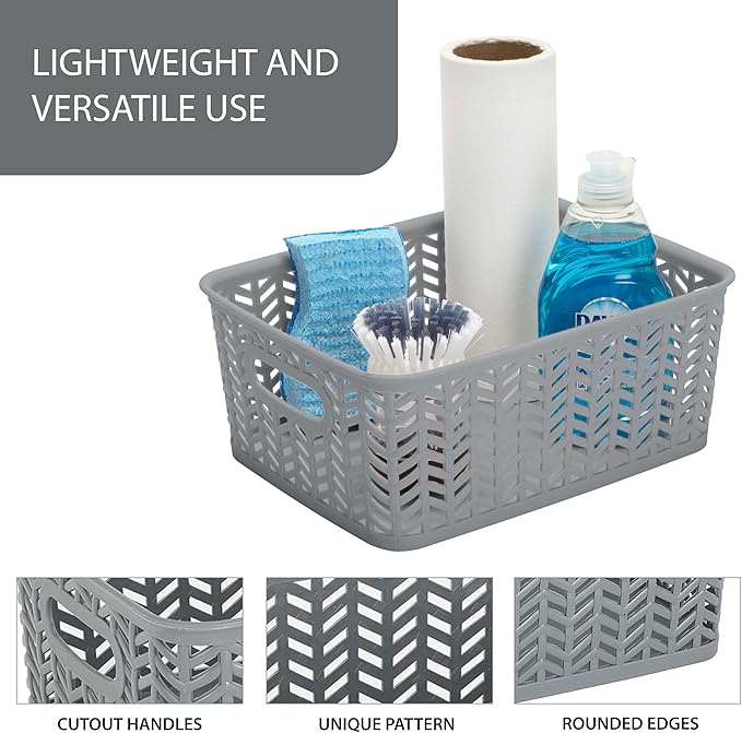 Simplify Small Herringbone Bin | Storage Tote Basket | Organizer | Decorative | Good for Closets | Countertops | Desks | Dressers | Accessories | Cleaning Products | Sports Equipment | Toys | Grey