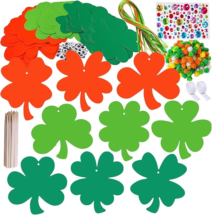 36 Sets Magic Color Scratch Art Shamrock Ornaments Craft Kits St. Patrick's Day Decorations Lucky Shamrock Four-Leaf Clover Ornaments Pom-poms Googly Eyes for Kids Classroom Home Activity Art Project