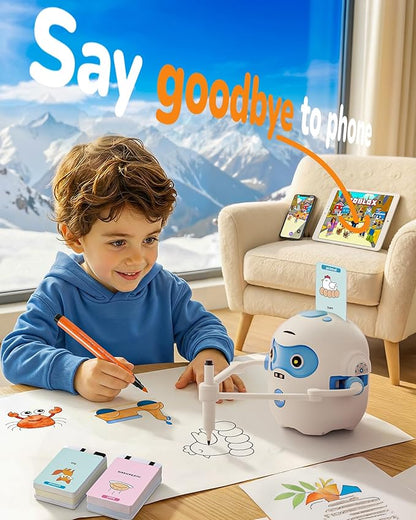 Drawing Robot for Kids, Rechargeable 4-in-1 Draw/Learn/Spell/Music Interactive Educational Robot Drawing Machine with 100 Cards & 12 Color Pens, Learning Toys for 3-8 Year Old Boys Girls Birthday Xmas