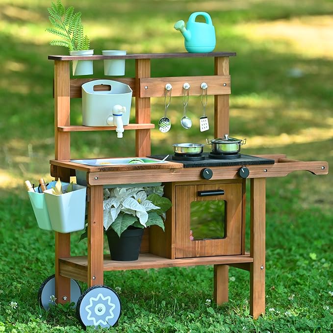 Mud Kitchen for Kids Outdoor,Wooden Play Kitchen with Removable Sink, Faucet,Storage Shelves, Backyard Garden Toddler Kitchen Playest, Kitchenware, Stove, Gift for Boys and Girls