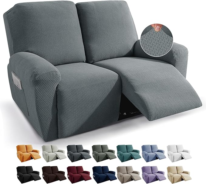 JIVINER 6-Piece Loveseat Recliner Slipcover Stretch Jacquard Recliner Sofa Cover 2 Seater Washable Reclining Couch Cover with Pocket Fitted Furniture Protector Cover (Loveseat Recliner, Light Gray)