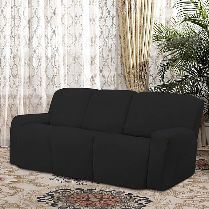 Easy-Going 8 Pieces Microfiber Stretch Sectional Recliner Sofa Slipcover Soft Fitted Fleece 3 Seats Couch Cover Washable Furniture Protector with Elasticity for Kids Pet(Recliner Sofa, Black)