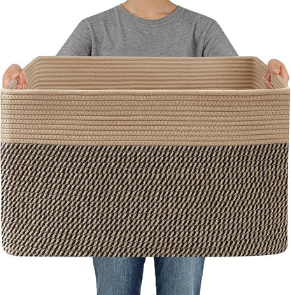 JMvicyroam Woven Blanket Basket,96L Large Storage Bin for Blankets Toys Clothes,Decorative Rope Basket for Living Room Bedroom with Handles, Jute&Black