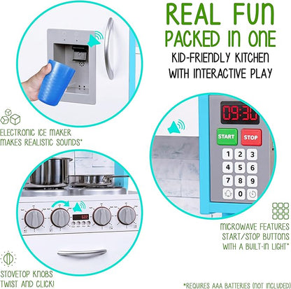 Lil' Jumbl Kids Kitchen Set, Pretend Wooden Play Kitchen, Battery Operated Icemaker & Microwave with Realistic Sound, Pots & Pan Included - Blue