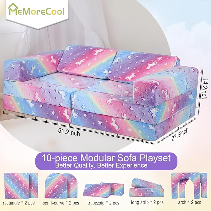 MeMoreCool Toddler Couch, 10-Piece Modular Play Sofa for Playroom, Fold Out Kids Couch for Girl Boy, Glow Rainbow