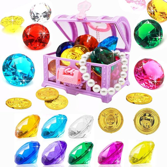 Diving Gem Pool Toys Colourful Big Diamonds and Gold Coins with Pirate Treasure Chest Throwing Toys Water Toys Underwater Gems Swimming Training Gift for Kids Birthday Party Favor