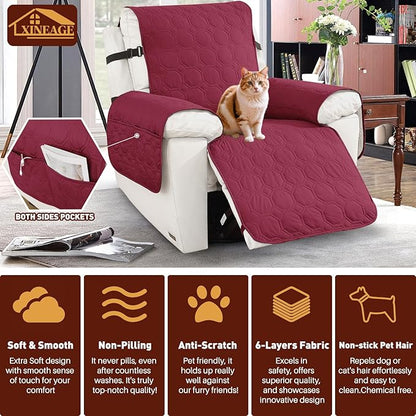 XINEAGE 100% Waterproof Recliner Chair Cover, Non Slip Covers for Recliner Chair with Pocket, Washable Dog Recliner Couch Cover with Elastic Straps (Wine Red, 23.6")