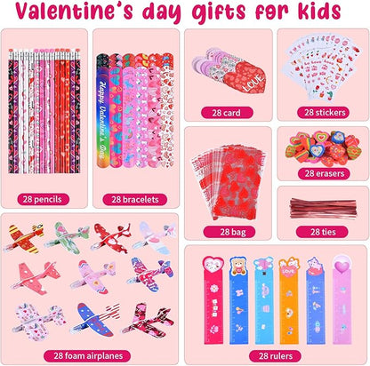Valentines Day Gifts for Kids, 224 Pcs Valentines Day Party Favors for Kids School Classroom Exchange, 28 Pack Valentines Day Goodie Bags Stuffers with Cards Slap Bracelet Foam Airplane Pencil Eraser