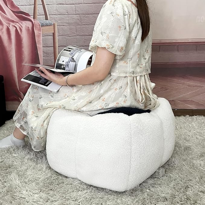 Louis Donné Ottoman Pouf White and Black Contrast Tidy Fabric Floor Chair - 17.7 * 17.7 * 15.7 Inch Squares, Soft Compressed Form Inside for Children and Ladies