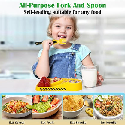 Construction Utensils for Toddlers - Toddler Forks and Spoons - Toddler Spoon and Fork Set - for Kids Utensils - Baby Utensils - Portable Utensil Set for 1 2 3 4 5 years old - Yellow