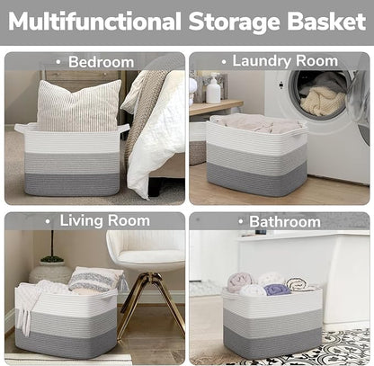 Goodpick Large Woven Basket, Rectangle Rope Storage Baskets for Organizing, Blanket Basket with Handles for Living Room, Nursery, Gradient Gray, 18 x 14 x 12 Inches