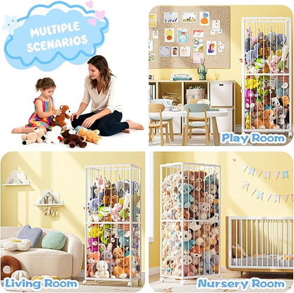 Fixwal Stuffed Animal Storage Zoo Metal Tube Extra Large Plushies Storage Stuffed Animals Holder Kids Toy Organizers and Storage with Elastic Band and Net for Playroom Bedroom White 61 x 23.6 x 16.5