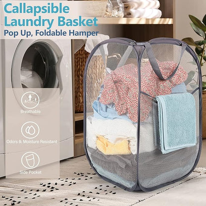 BATTOO Deluxe Strong Mesh Pop up Laundry Hamper Basket with Side Pocket for Laundry Room, Bathroom, Kids Room, College Dorm or Travel 2 x Grey