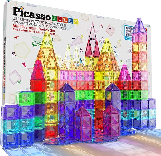 PicassoTiles 80 Piece Mini Size Magnetic Tiles Sensory Magnet Toys Diamond Series Construction Building Blocks Set STEM Learning Travel Size Educational Toy for Kids Boys Girls Toddlers Age 3+ PTM80