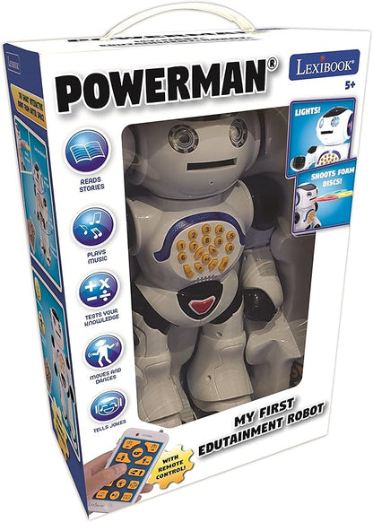 Lexibook Powerman - Remote Control Walking Talking Toy Robot, Dances, Sings, Reads Stories, Math Quiz, Shooting Discs, and Voice Mimicking, for Kids 4+ - ROB50US